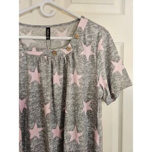 PrinStory Star Print Top Button Detail Short Sleeve Casual XL
